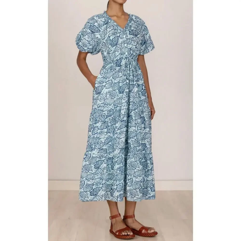 Banjanan Poppy Midi Dress Shell Aqua Puff Sleeve Cotton Button Tuckernuck - Picture 2 of 13